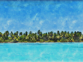 Tropical palm trees on the horizon on a clear day against a blue sky and sea. Watercolor art.