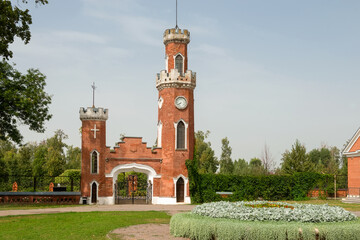 Ramon, Voronezh Region,  Entrance gate with a tower and clock. The palace complex of the...