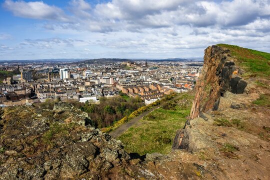 View from Arthur's Seat to the Salisbury Crags with Edinburgh in the background.