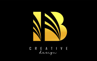 Creative golden letters IB i b logo with leading lines and road concept design. Letters with geometric design.