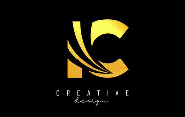 Creative golden letters IC c b logo with leading lines and road concept design. Letters with geometric design.