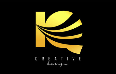 Creative golden letters IQ i q logo with leading lines and road concept design. Letters with geometric design.