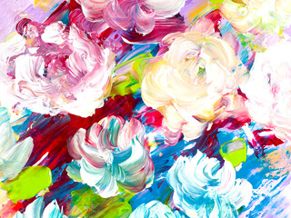 Abstract flowers, painting red and yellow original hand drawn, impressionism style, color texture, brushstrokes of paint,  art background.