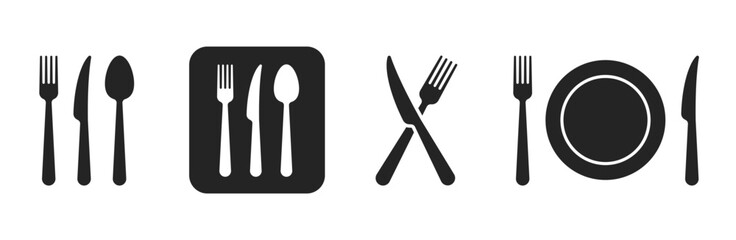 Fork, knife, spoon, plate icons set. Spoon, knife, fork silhouettes icons isolated. Dinner Service set. Vector illustration