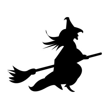 Cute witch flying on a broom isolated