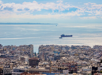 View from the Upper Town towards waterfront and Thermaic Gulf, Thessaloniki, Central Macedonia,...