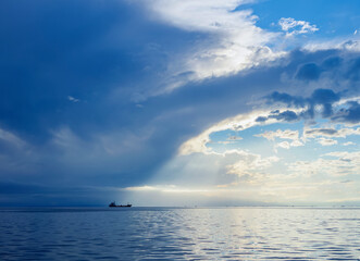 Fototapeta premium Ship at Thermaic Gulf, Aegean Sea, Thessaloniki, Central Macedonia, Greece
