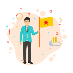 Executive Standing with Winning Flag Sign, Team Lead Winner Concept, hrm symbol, Person with Finish Line Flag Vector color Icon Design, Leader Avatar Stock illustration, 