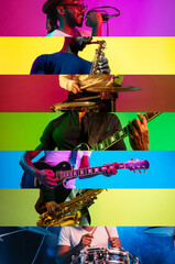 Collage with cropped portraits of young emotional talented musicians on multicolored background in neon light. Playing guitar, drums, singing