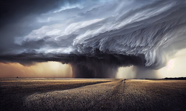 dramatic huge storm over countryside , digital painting illustration