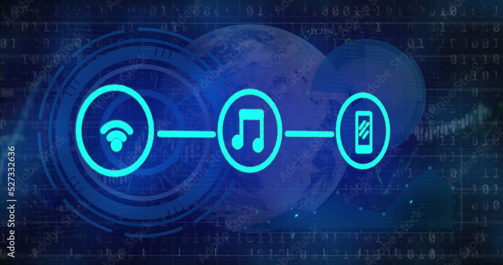 Poster image of tech icons, graph, globe and binary code on dark background