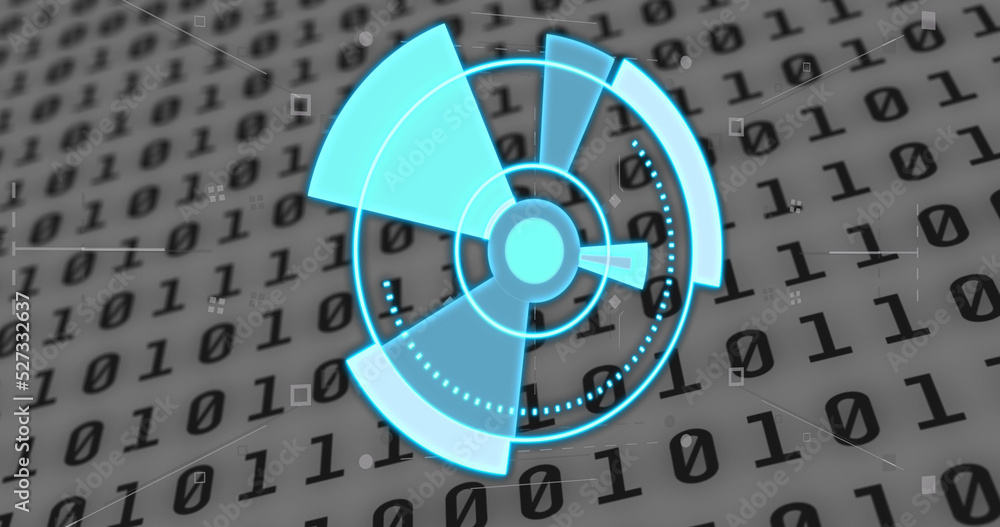 Poster image of blue circle with radar over binary code