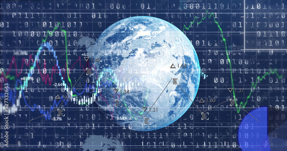 Poster image of globe, binary code, graphs and financial data on digital screen