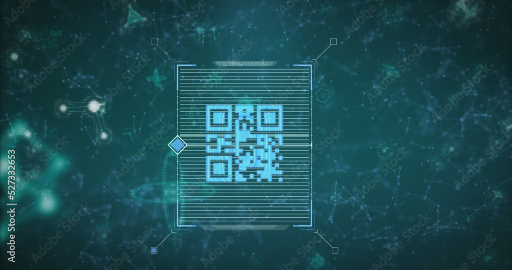 Poster image of scanner processing blue qr code over communication networks on dark background