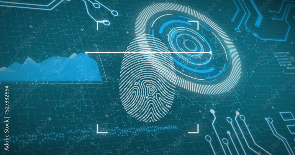 Aufkleber image of biometric fingerprint scanner over interface with data processing on blue background