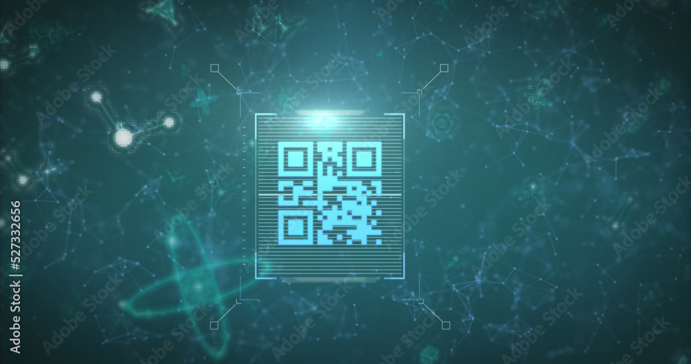 Poster image of scanner processing blue qr code over communication networks on dark background