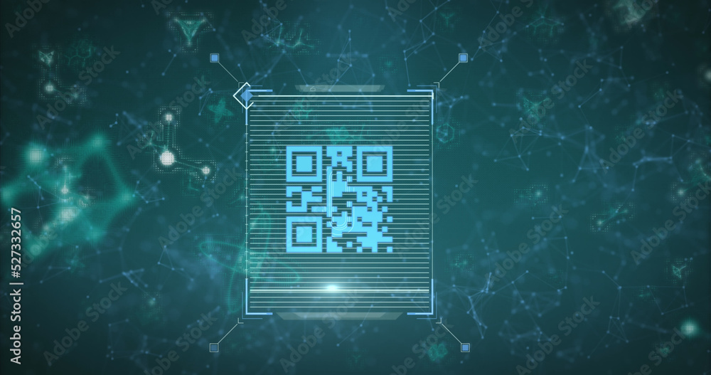 Poster image of scanner processing blue qr code over communication networks on dark background