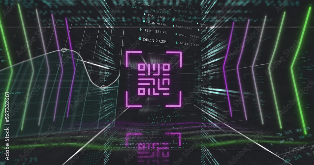 Poster image of pink qr code, neon lights and data processing on black background