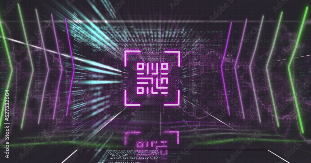 Poster image of pink qr code, neon lights and data processing on black background