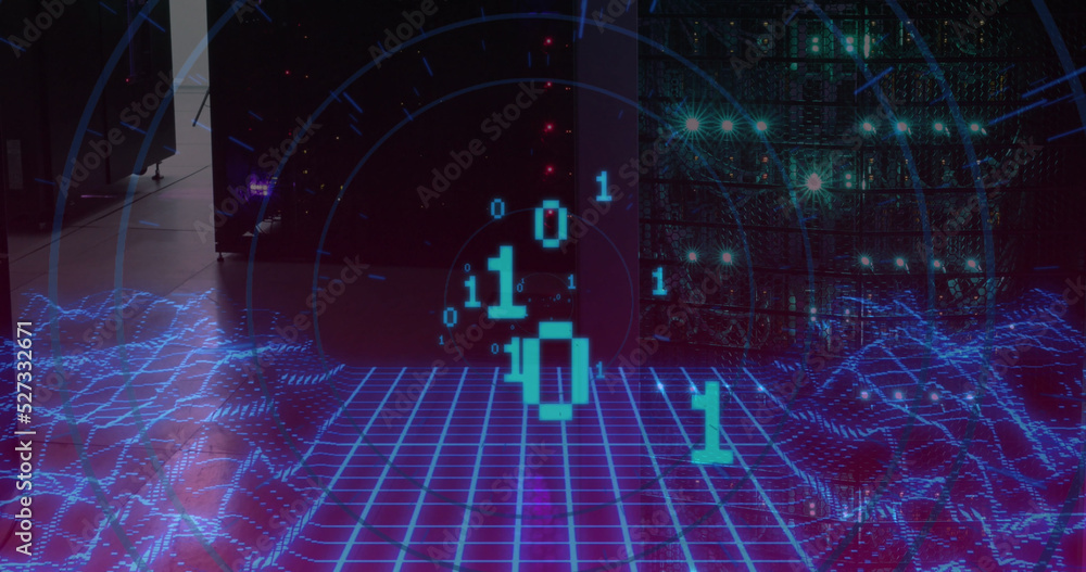 Poster image of binary code over digital space and servers