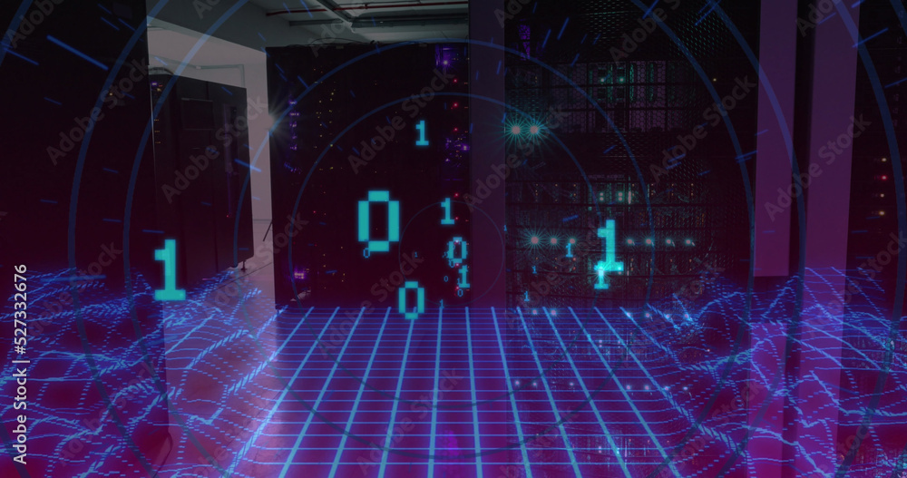 Poster image of binary code over digital space and servers