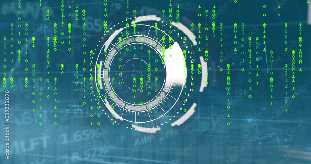 Poster image of scope scanning with interface, binary codes, graphs moving over trading board