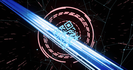 Image of lines over qr code on black background