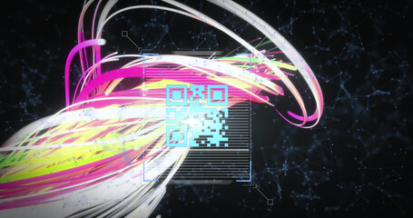 Image of wavy lights and qr code on black background