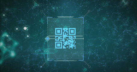 Image of scanner processing blue qr code over communication networks on dark background
