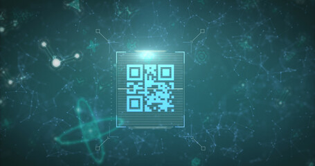 Image of scanner processing blue qr code over communication networks on dark background