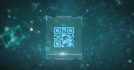 Image of scanner processing blue qr code over communication networks on dark background