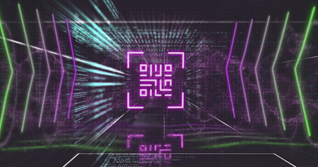 Image of pink qr code, neon lights and data processing on black background
