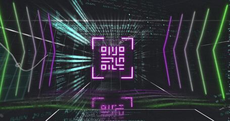Image of pink qr code, neon lights and data processing on black background
