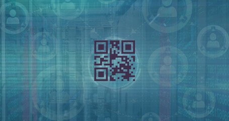 Image of qr code and scanner processing data over network of people icons