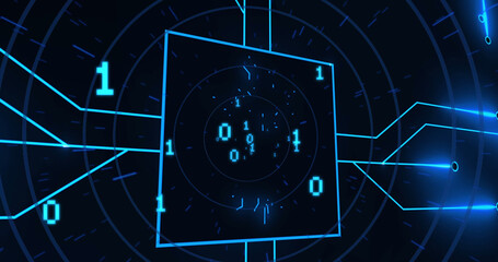 Image of binary code and integrated circuit in black digital space