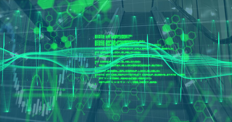 Obraz premium Image of digital programming language with graphical hexagonal shaped and moving wave patterns