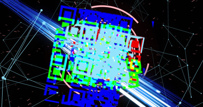 Image of lines over qr code on black background