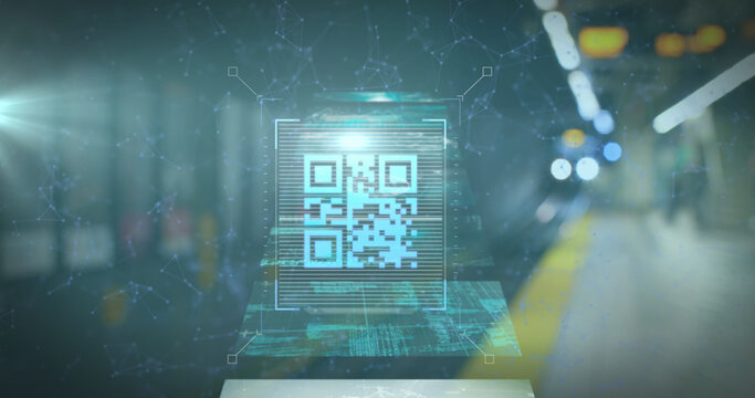 Image of multiple screens with data processing and qr code scanner over train at train station