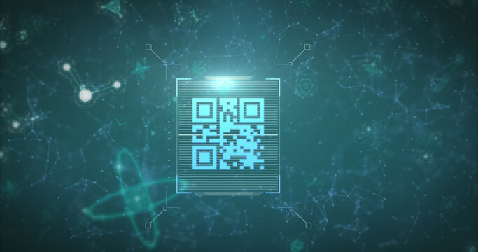 Image of scanner processing blue qr code over communication networks on dark background