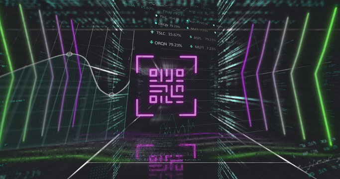 Image of pink qr code, neon lights and data processing on black background