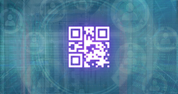 Image of qr code and scanner processing data over network of people icons