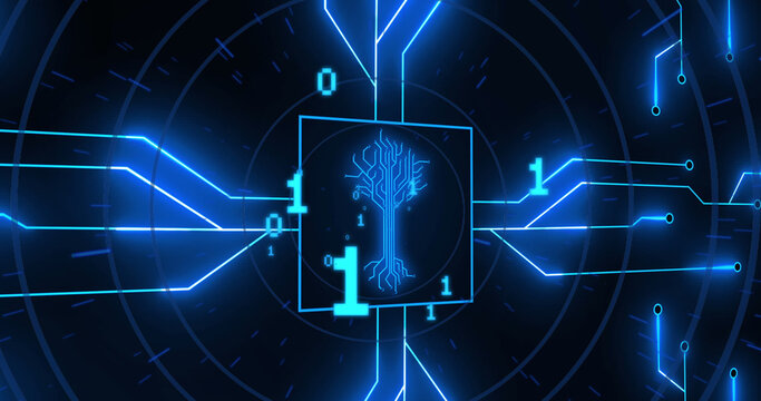Image of binary code and integrated circuit in black digital space