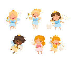 Cute Little Tooth Fairy with Baby Teeth and Magic Wand Wearing Crown Vector Set