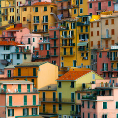 Fototapeta premium Typical Colorful Houses of Cinque Terre and Liguria in Italy, Town of Manarola, Close-Up Format 1:1 perfect for Instagram