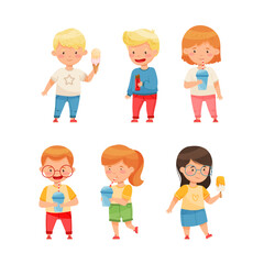 Cute Kids Standing and Holding Sweets and Sugary Treats Vector Set