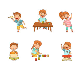 Little Kids in Kindergarden Playing and Doing Different Activity Vector Set
