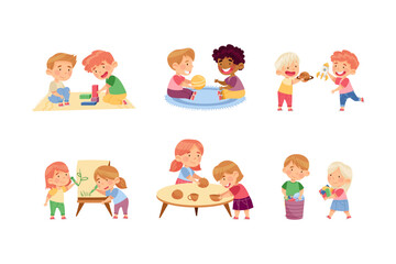 Little Kids in Kindergarden Playing and Doing Different Activity Vector Set