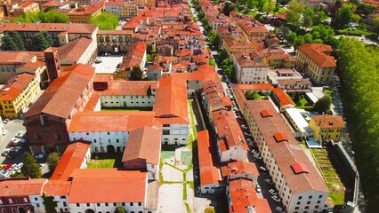 Aerial view of Lucca cityscape in spring season, Tuscany - Italy