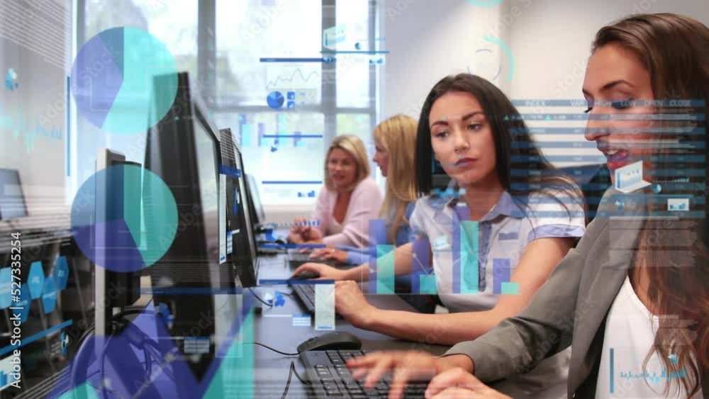 Poster animation of financial data processing over diverse business people using technology in office