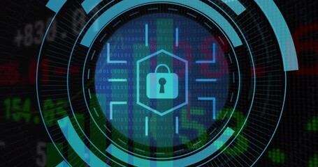 Animation of rotating security system over caucasian male basketball player at stadium - Powered by Adobe